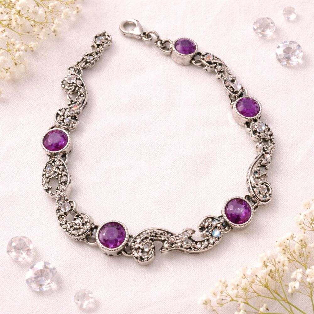 Silver Tone Clear and Purple Rhinestone Fancy Link Bracelet